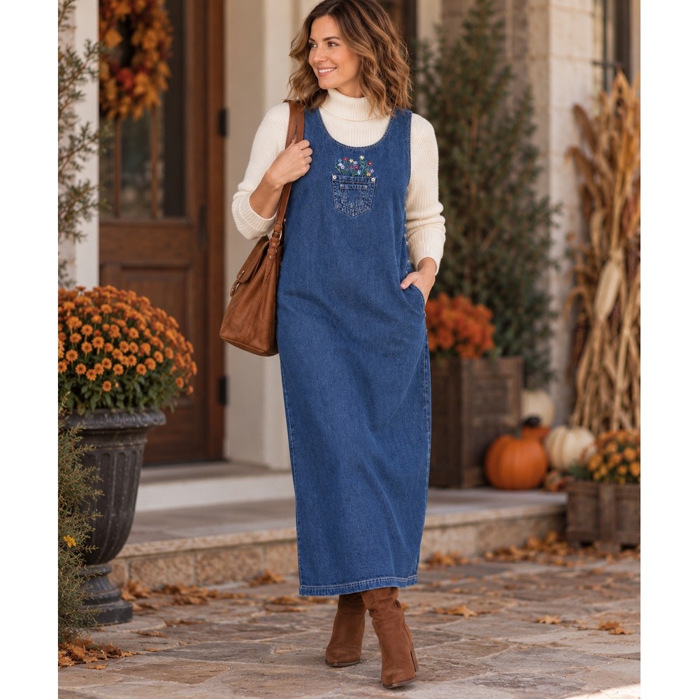 Vintage 90s True Blue Denim Maxi Jumper Dress Floral Embroidered Cottagecore